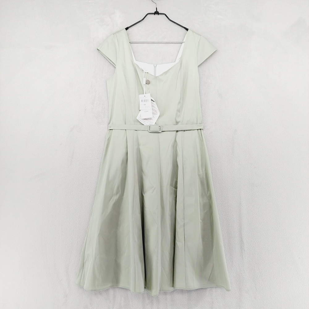 NEW Diana Gallesi Light Sage Green Belted V-Neck Pleated Midi Dress P1775